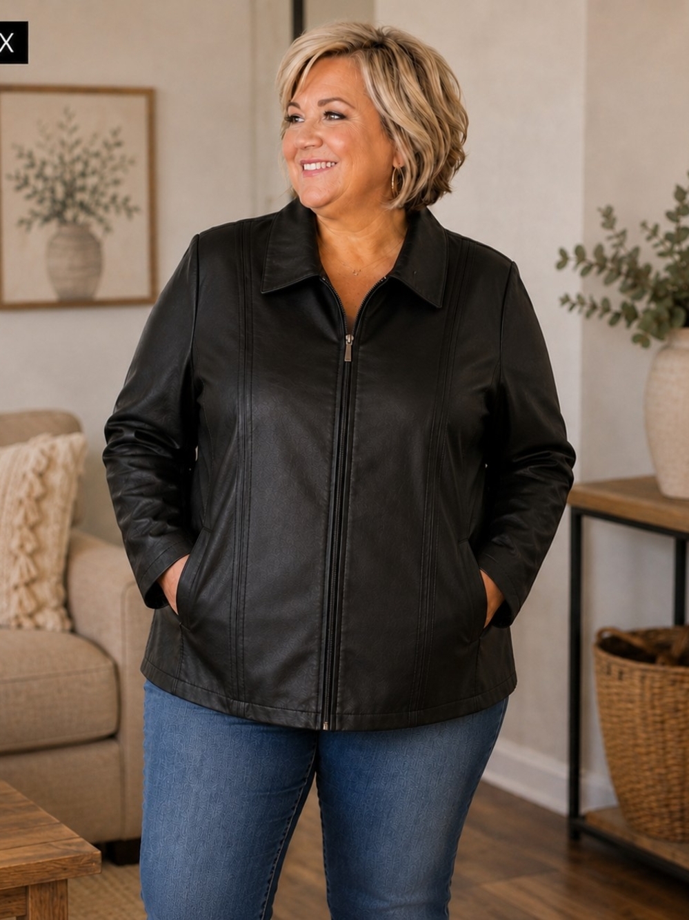 George Black Leather Zip-Front Jacket with Point Collar
